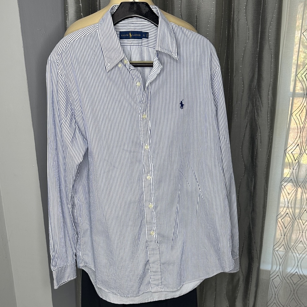 Polo by Ralph Lauren Men's Sz L White and Blue Pinstripe Shirt long sleeve